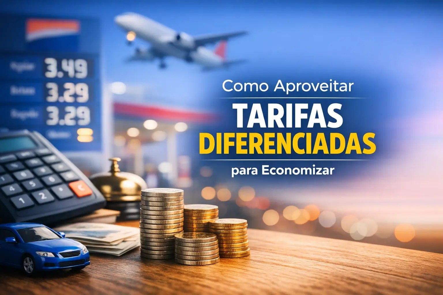 Economia financeira para 2026 com moedas, calculadora e carro azul em frente a posto de gasolina.
