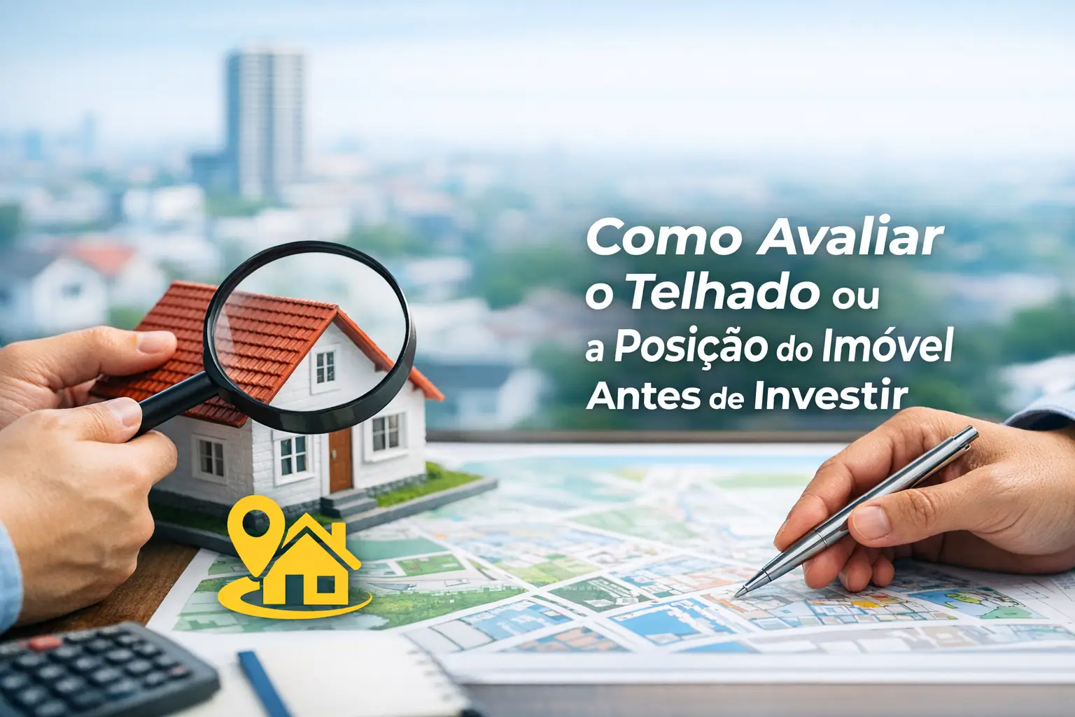 Modelo de casa com lupa e mapa explorando localização para investimento.