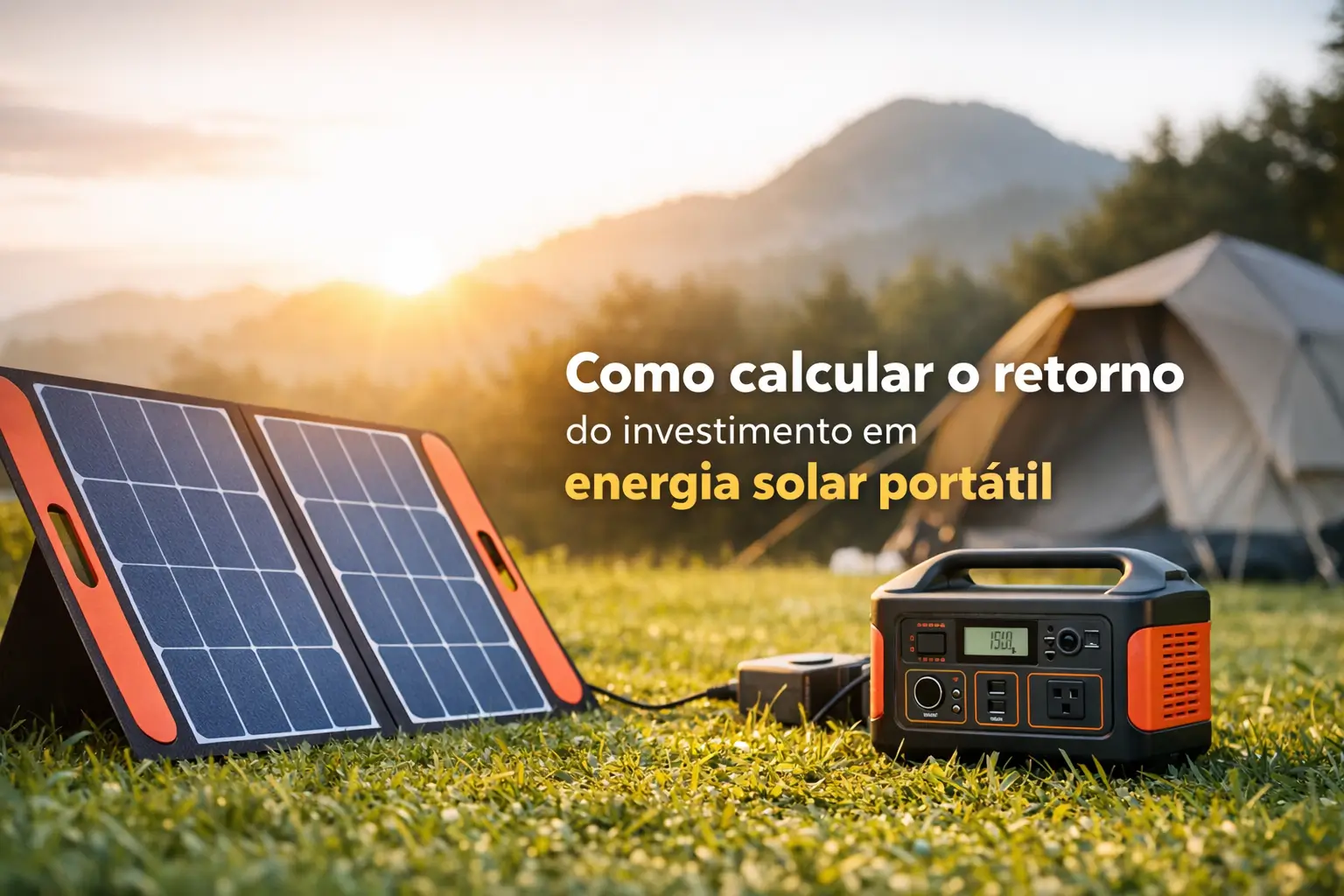 Energia solar portátil com painéis e estação em acampamento ao ar livre