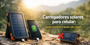 Carregador solar e celular conectados exibindo bateria cheia com árvores ao fundo