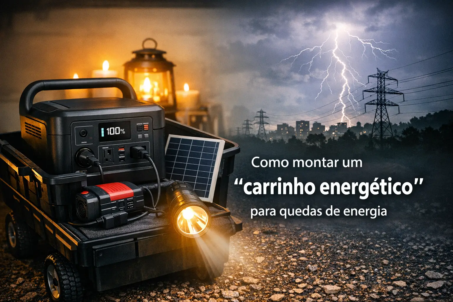 Carrinho energético com estação de energia portátil e lanternas para quedas de energia