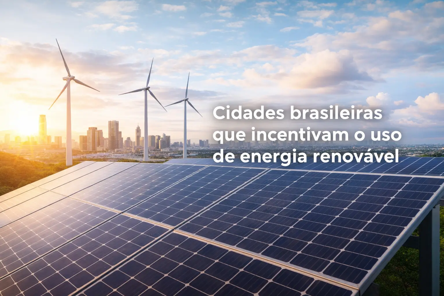 Cidades brasileiras incentivando energia renovável com turbinas e painéis solares