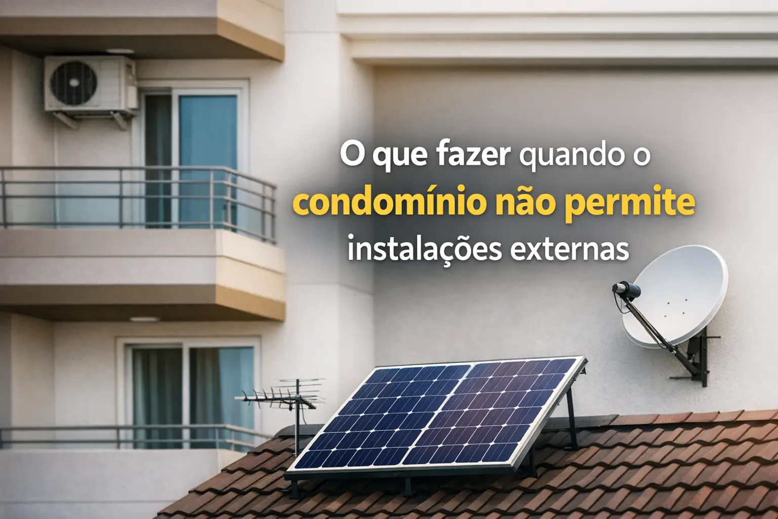 Painel solar e antena parabólica em telhado residencial com texto sobre instalações externas