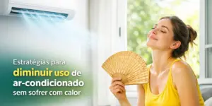 Mulher relaxando perto de ar-condicionado com ventilador de bambu em ambiente iluminado.