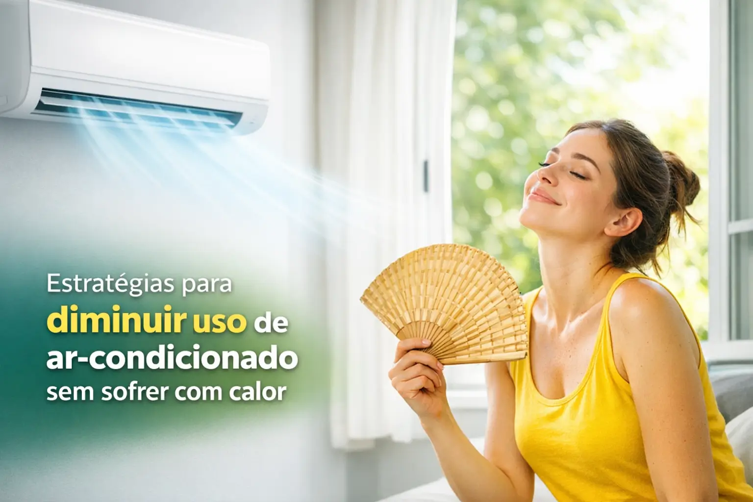 Mulher relaxando perto de ar-condicionado com ventilador de bambu em ambiente iluminado.