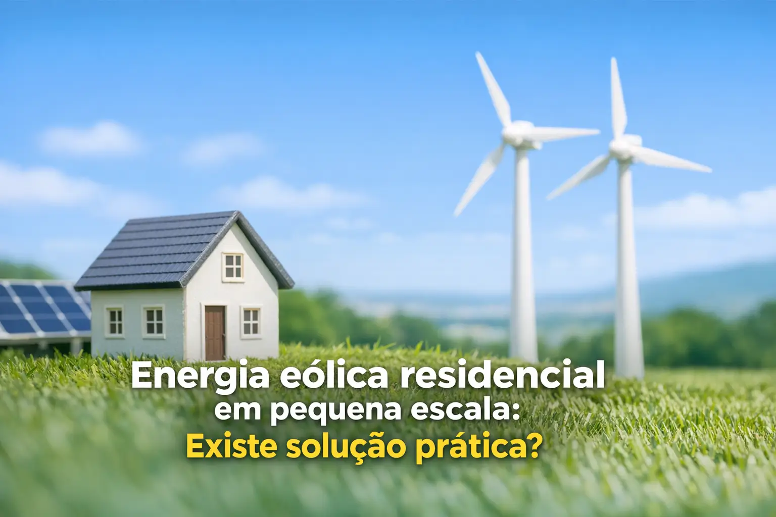 Casa modelo com painéis solares e turbinas eólicas ao fundo em campo gramado