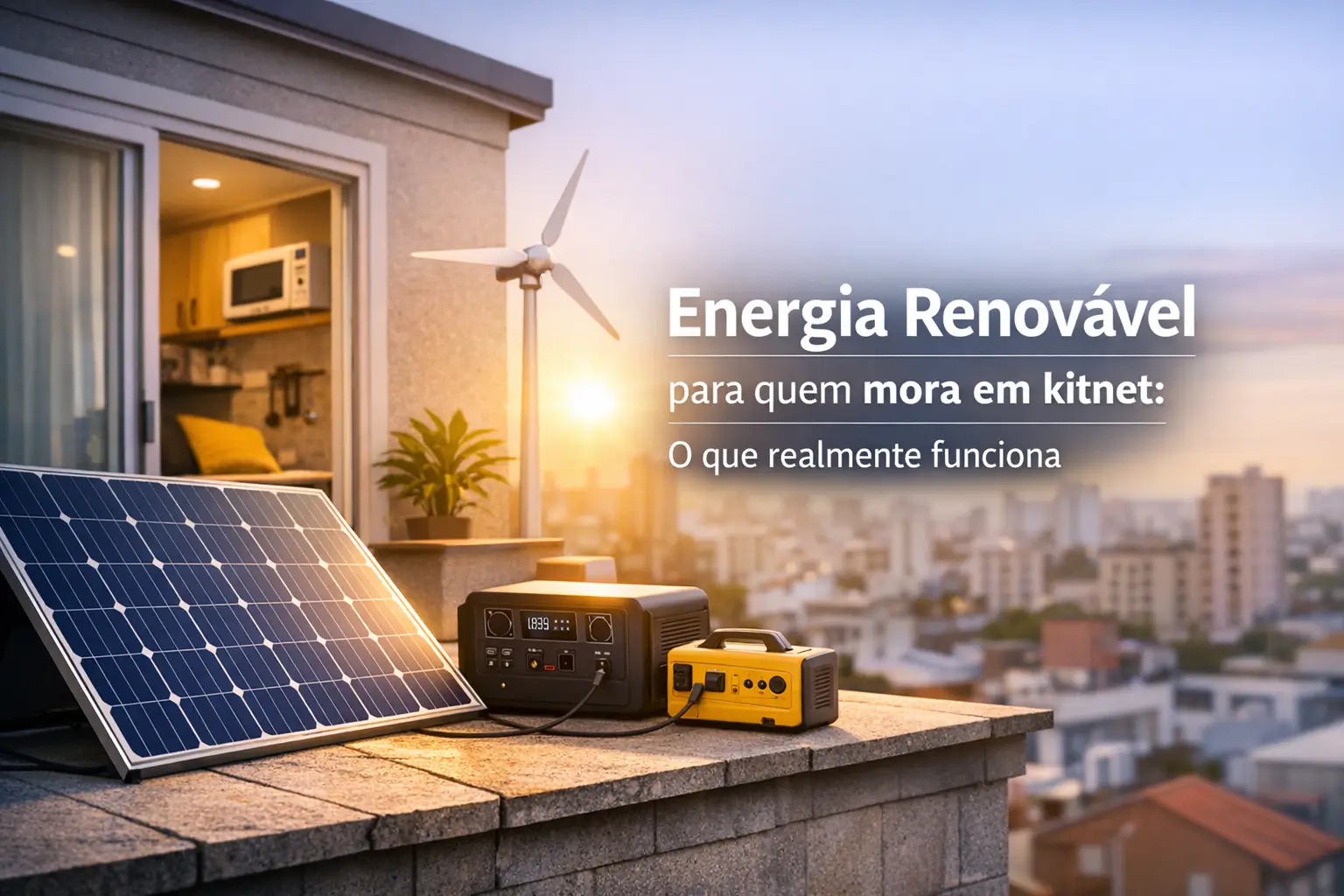 Painel solar no terraço com planta, cidade ao fundo e luz do pôr do sol