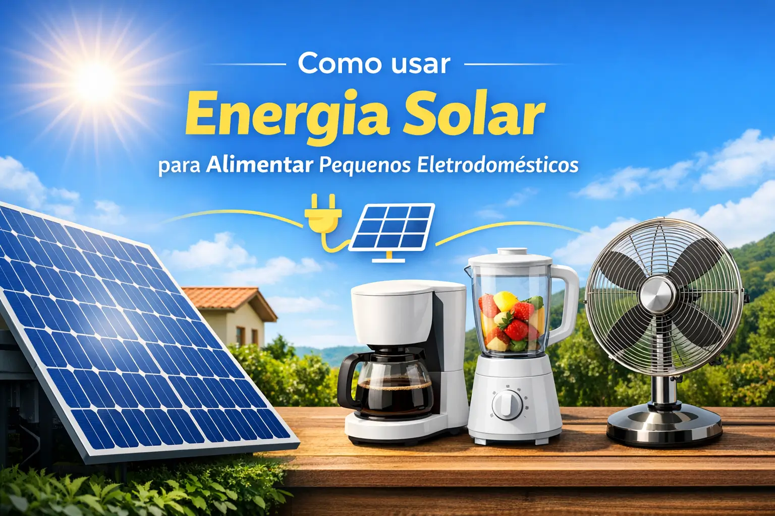 Painel solar alimentando pequenos eletrodomésticos com energia solar ao ar livre