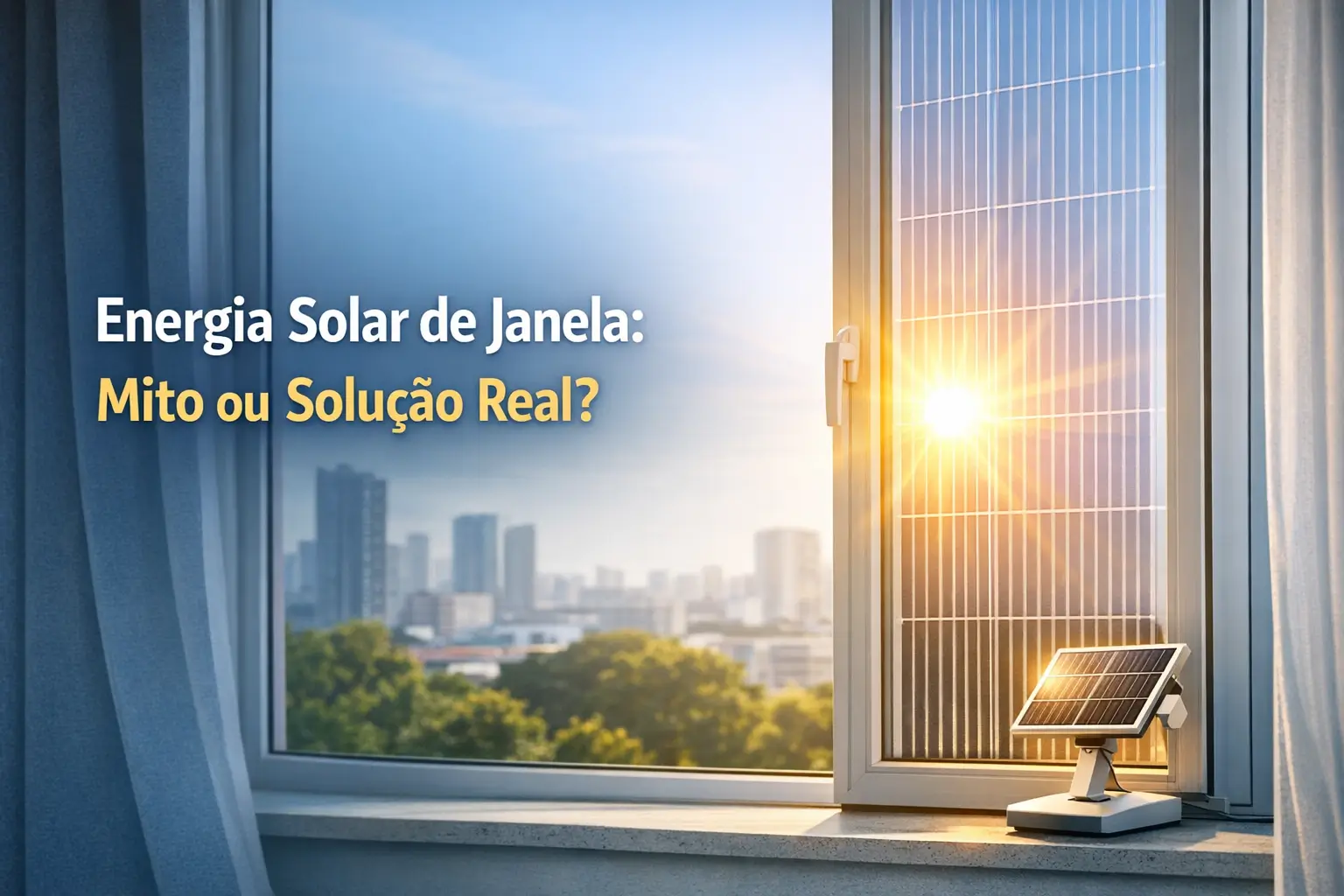 Vista de uma sala moderna com janela solar e painel solar na cidade