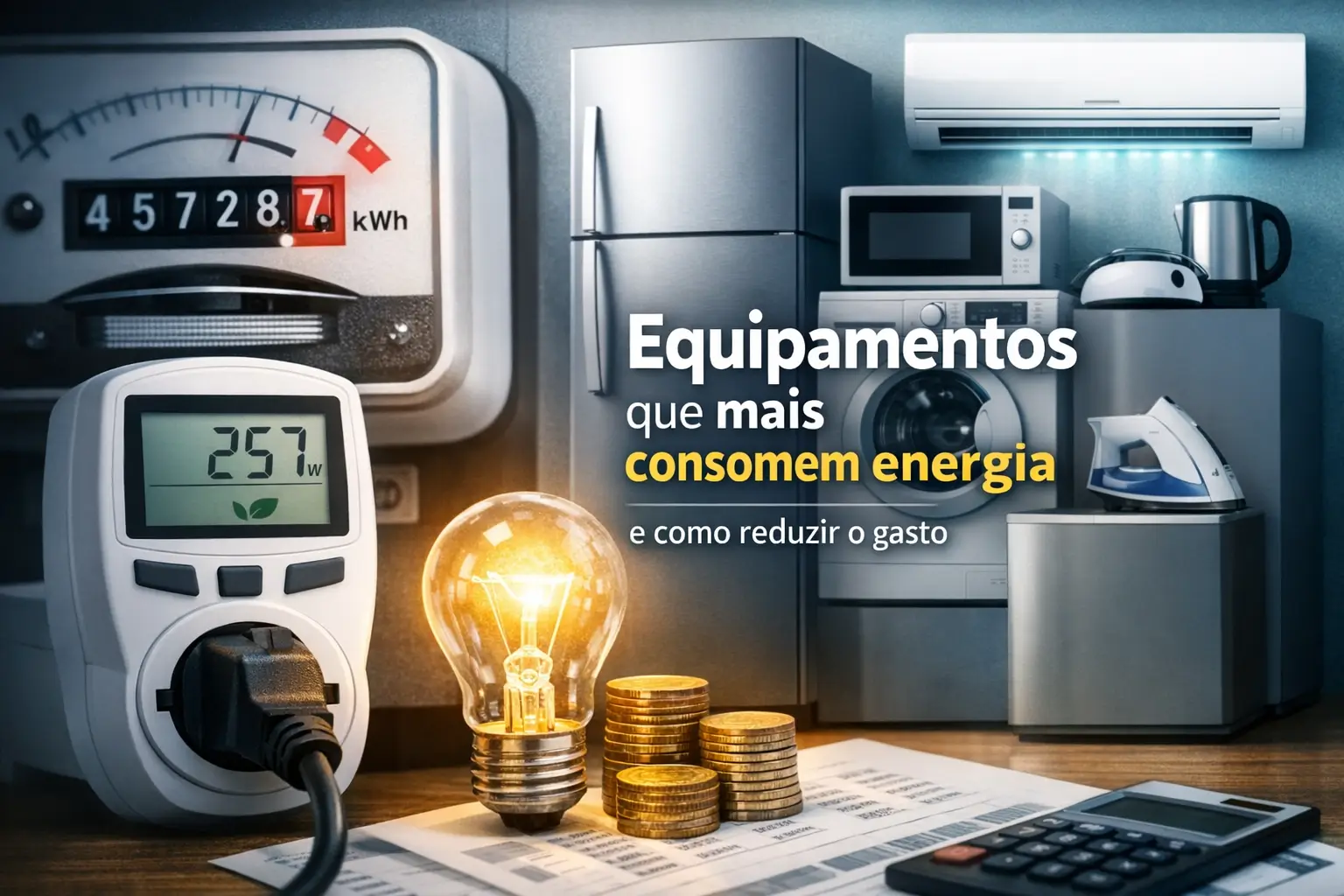 Medidor digital de energia mostrando 257 watts ao lado de lâmpada acesa e moedas
