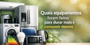 Appliances e eficiência energética com pilhas de moedas e dicas de economia.