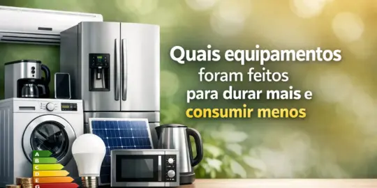 Appliances e eficiência energética com pilhas de moedas e dicas de economia.