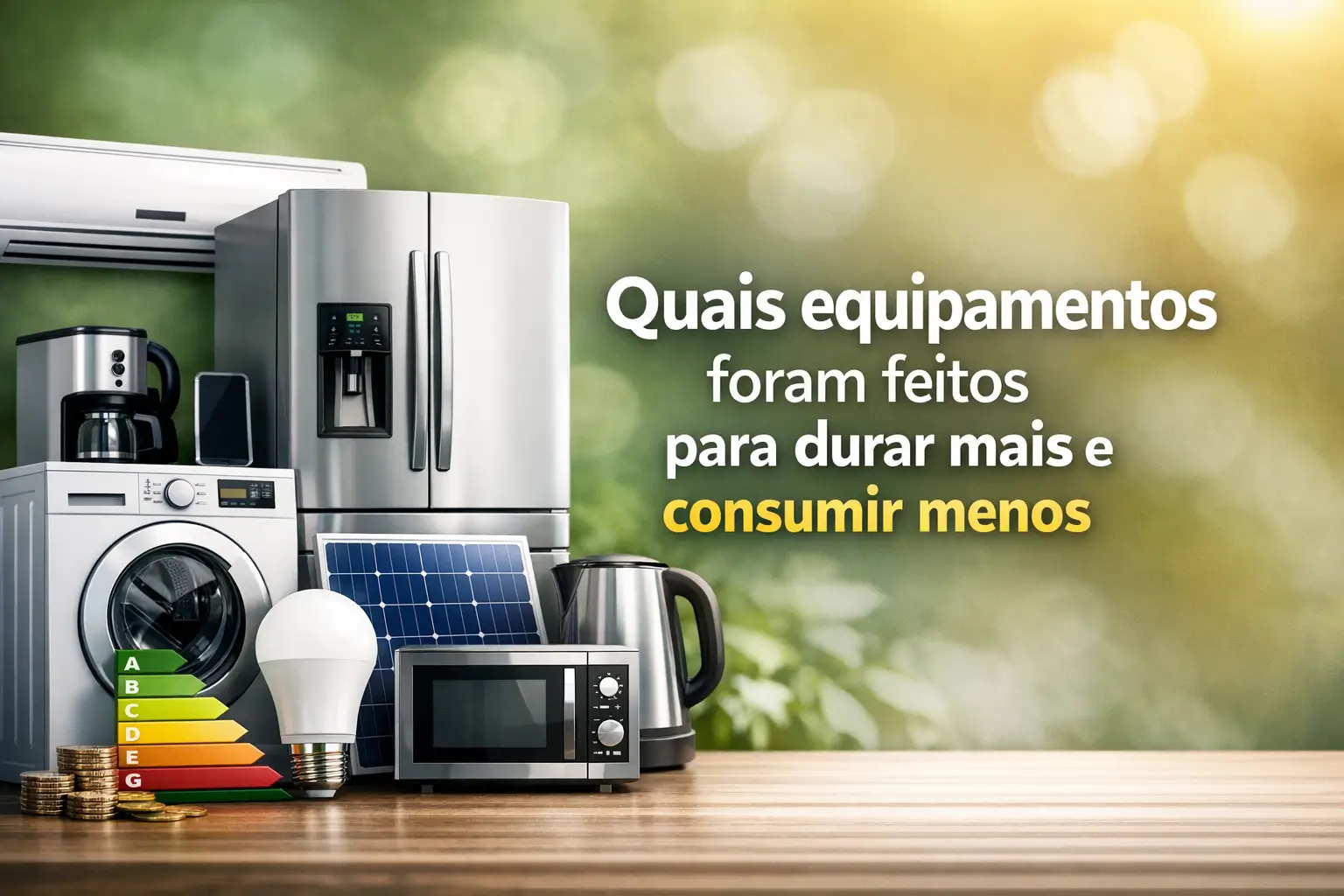 Appliances e eficiência energética com pilhas de moedas e dicas de economia.