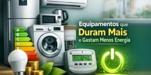 Eletrodomésticos eficientes com economia de energia e monitor digital de consumo.