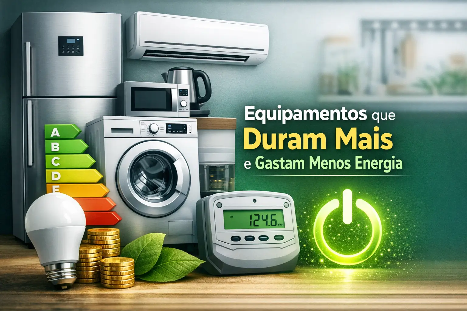 Eletrodomésticos eficientes com economia de energia e monitor digital de consumo.