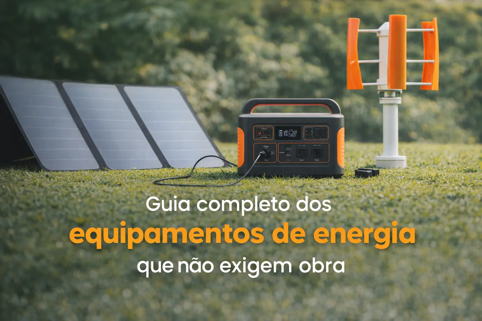 Painéis solares eólica em gramado com estação de energia portátil 2026