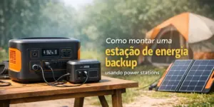 Estação de energia backup e painel solar em ambiente de camping ao ar livre