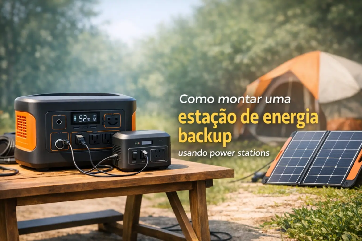 Estação de energia backup e painel solar em ambiente de camping ao ar livre