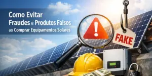 fraude e produtos falsos em equipamentos solares com símbolos de alerta