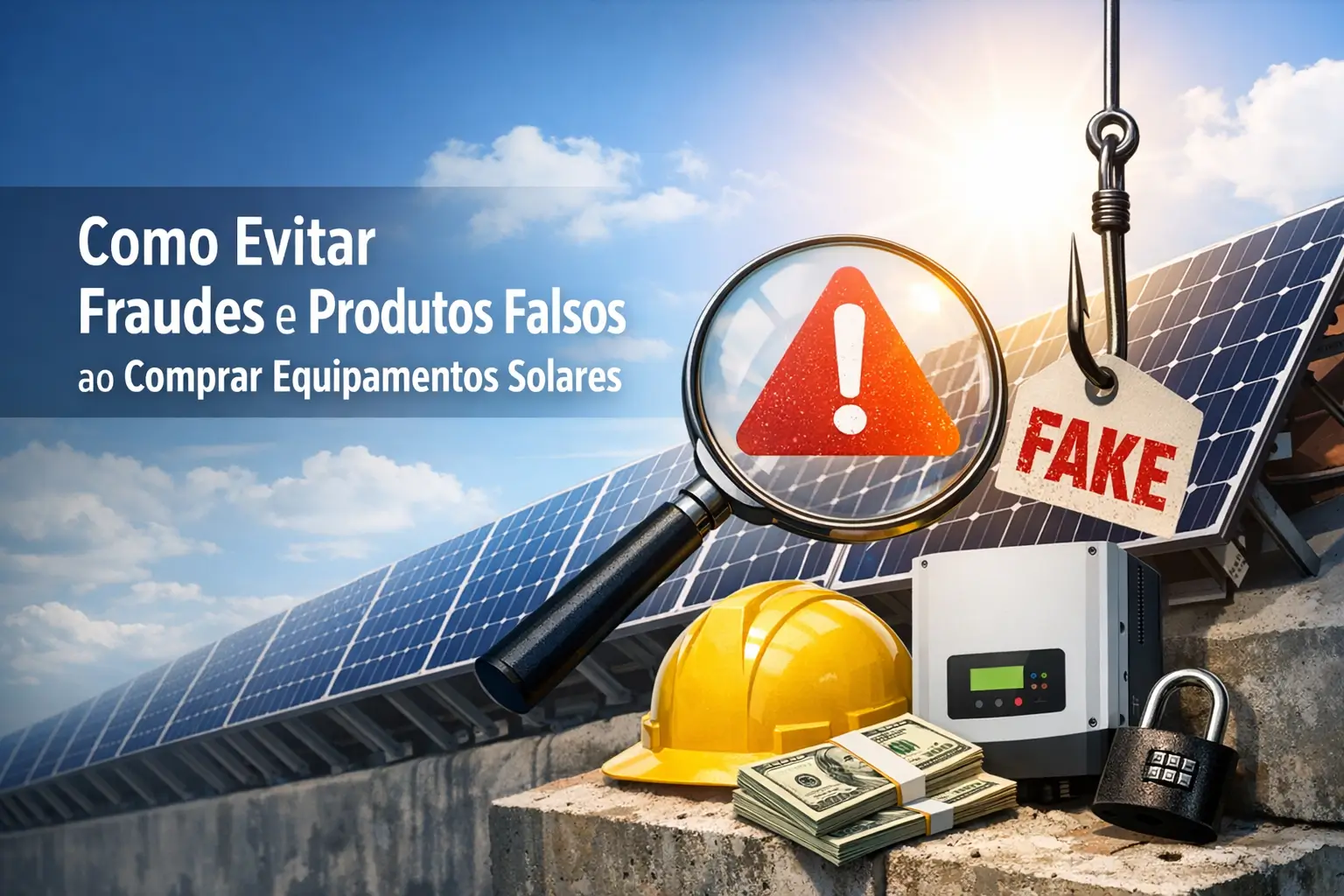 fraude e produtos falsos em equipamentos solares com símbolos de alerta