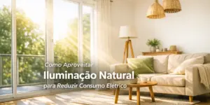 Sala iluminada por luz natural com sofá, almofadas e texto sobre economia de luz.