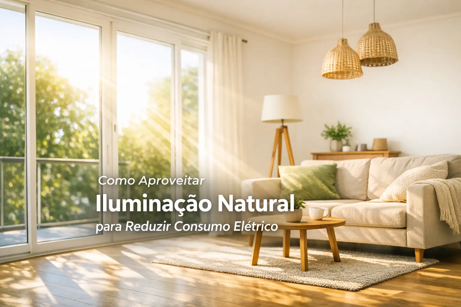 Sala iluminada por luz natural com sofá, almofadas e texto sobre economia de luz.