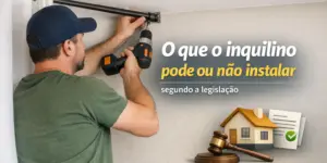 Homem instala cortina com furadeira em parede, legislação sobre inquilinos.