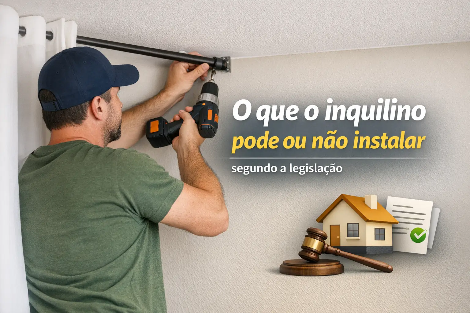 Homem instala cortina com furadeira em parede, legislação sobre inquilinos.