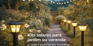 Caminho de jardim iluminado com luzes solares e flores ao redor