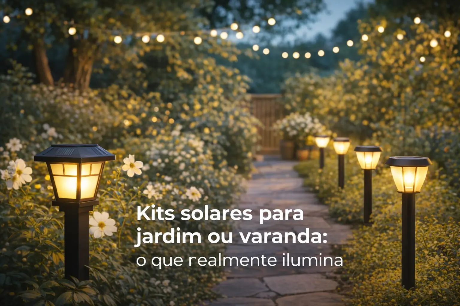 Caminho de jardim iluminado com luzes solares e flores ao redor