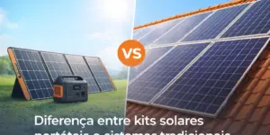 Diferença entre kits solares portáteis e sistemas tradicionais, ilustrada com painéis solares.