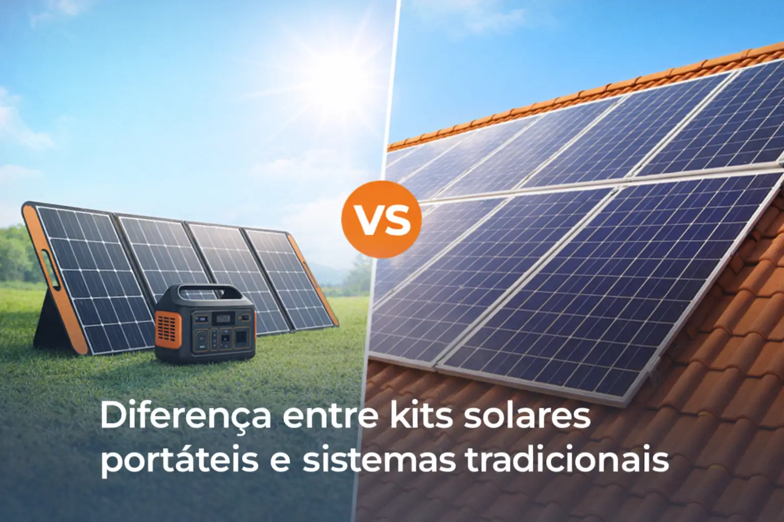 Diferença entre kits solares portáteis e sistemas tradicionais, ilustrada com painéis solares.