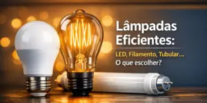 Três lâmpadas eficientes: LED, filamento vintage e tubular, comparadas em superfície escura
