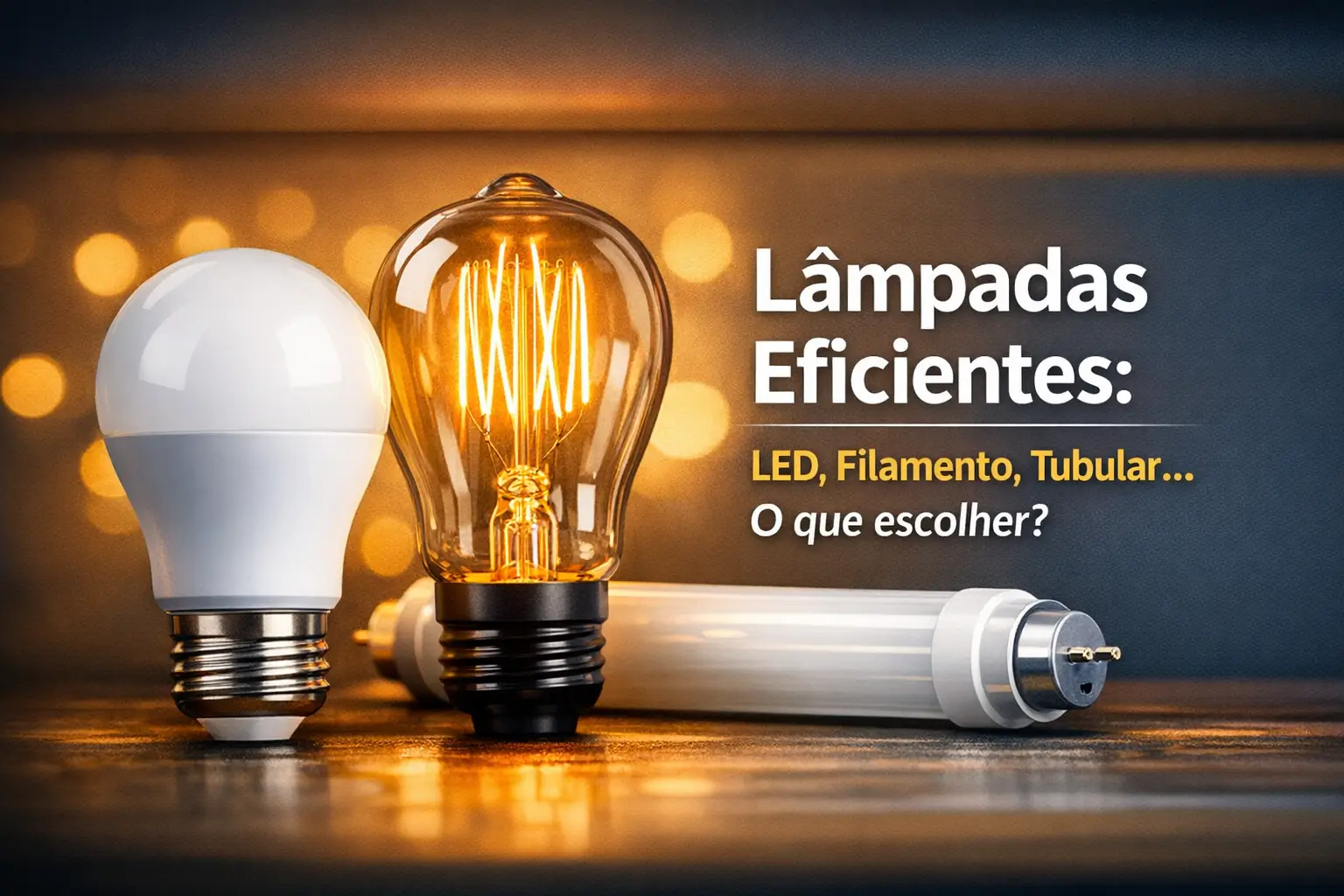 Três lâmpadas eficientes: LED, filamento vintage e tubular, comparadas em superfície escura