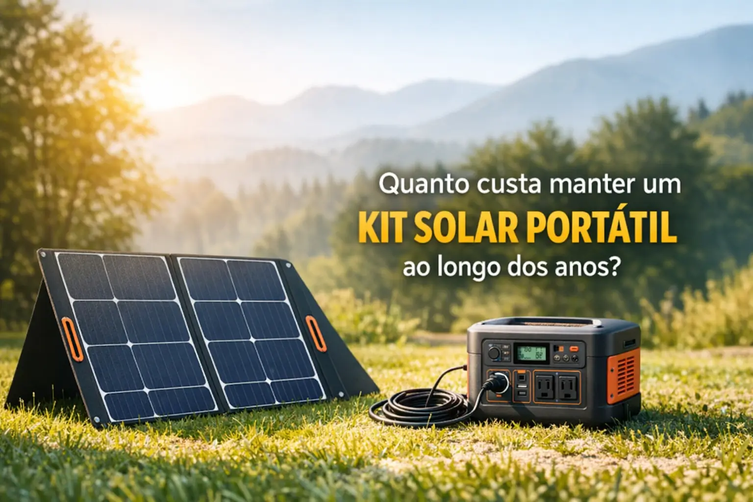Painel solar portátil e estação de energia em campo ao sol