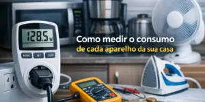 Medidor de consumo doméstico com contador e multímetro em bancada.