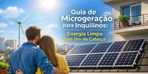 Casal observando painel solar e turbina eólica em guia de energia limpa