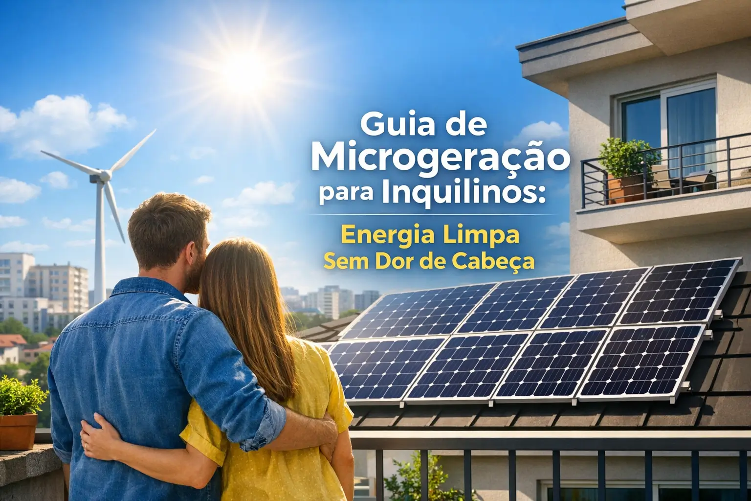 Casal observando painel solar e turbina eólica em guia de energia limpa