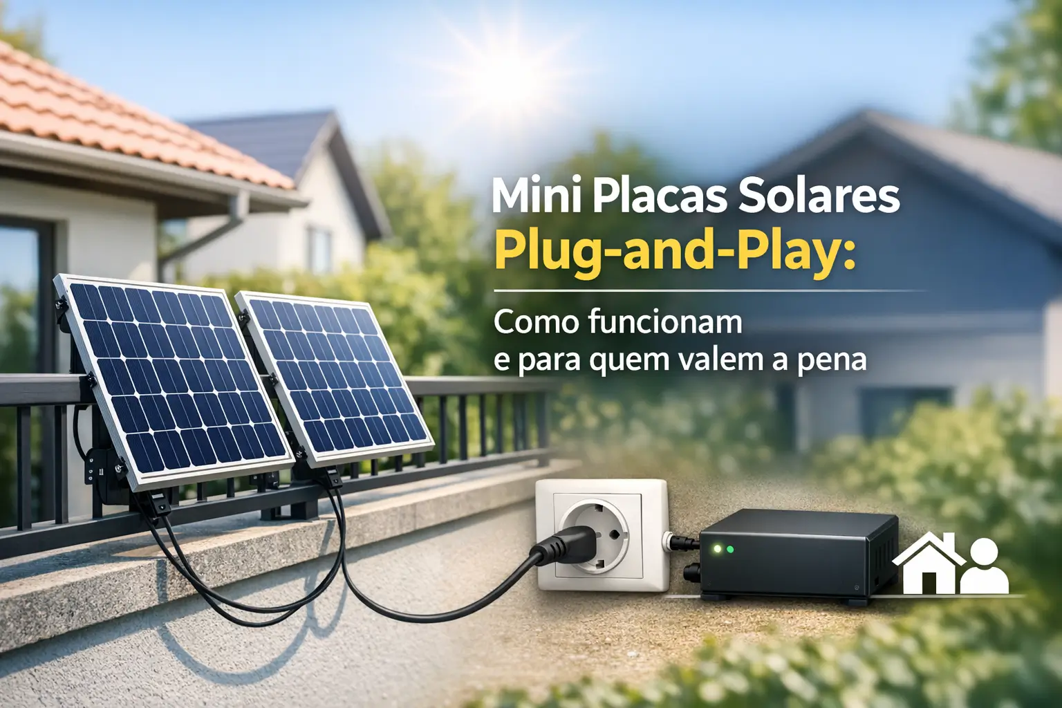 Mini placas solares plug-and-play com dois painéis conectados a um inversor em área residencial