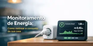 Dispositivo de monitoramento de energia exibindo consumo de 1.58 kW e custo de R$ 0.45/hora em ambiente doméstico