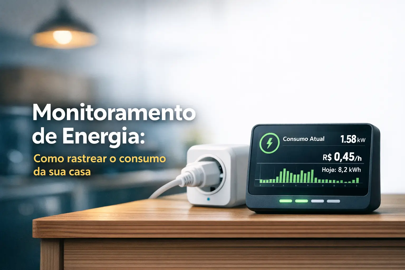 Dispositivo de monitoramento de energia exibindo consumo de 1.58 kW e custo de R$ 0.45/hora em ambiente doméstico