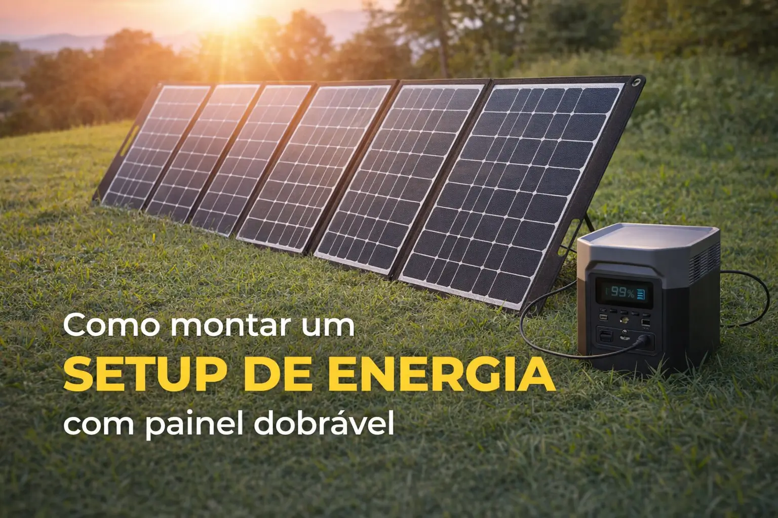 Painéis solares em gramado iluminado ao fundo montando setup sustentável
