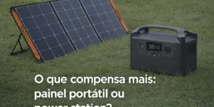 Painéis solares pretos com estação de energia portátil ao lado em um gramado
