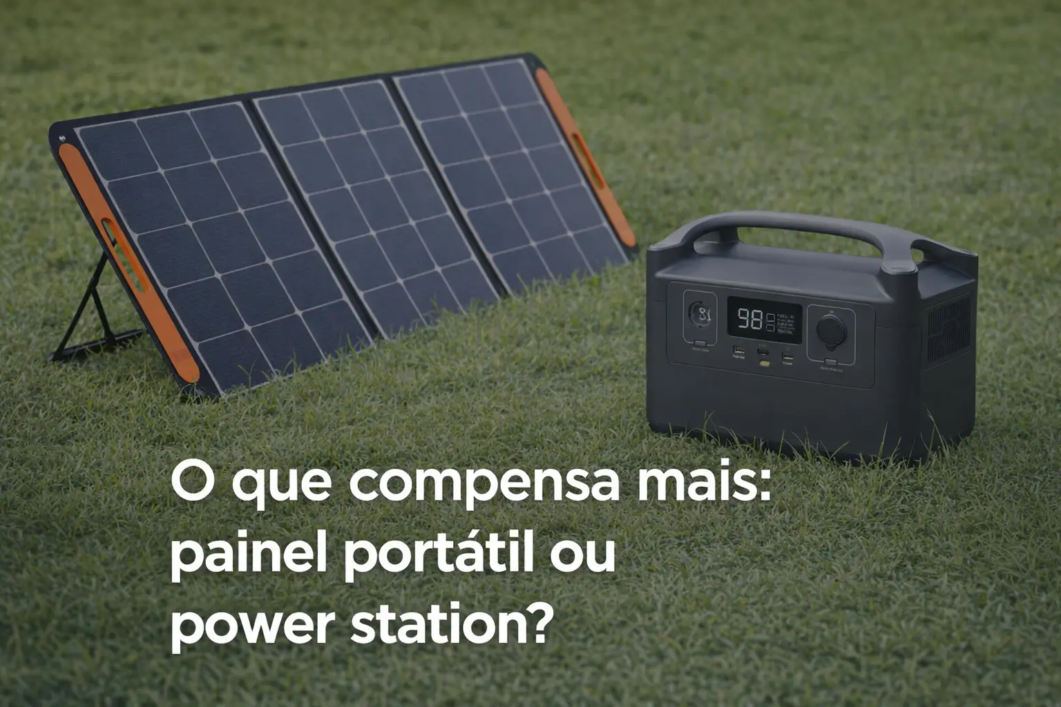 Painéis solares pretos com estação de energia portátil ao lado em um gramado
