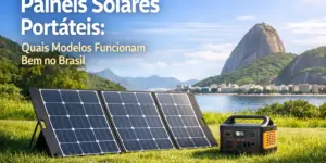 Painéis solares portáteis ao ar livre ao lado de estação de energia compacta no Brasil