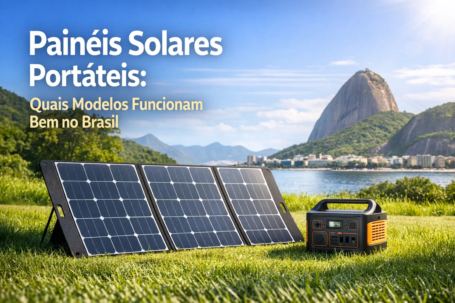 Painéis solares portáteis ao ar livre ao lado de estação de energia compacta no Brasil