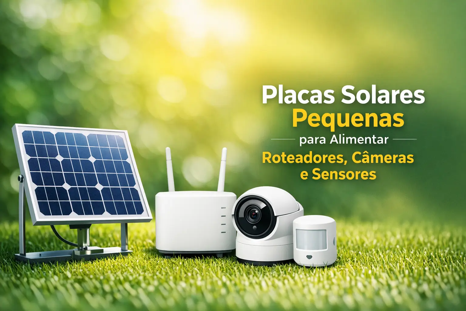 Placa solar pequena para alimentar roteador, câmera e sensor em grama verde
