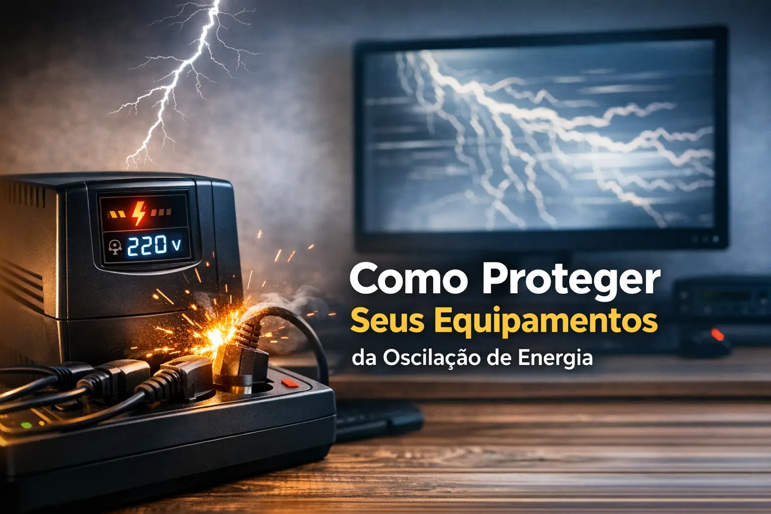 Close-up de régua com cabos conectados e faíscas, sugere curto-circuito ou sobrecarga.