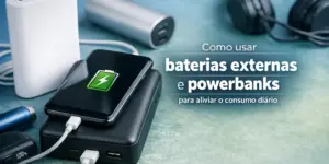 Carregador portátil com smartphone conectado e ícone de bateria carregando