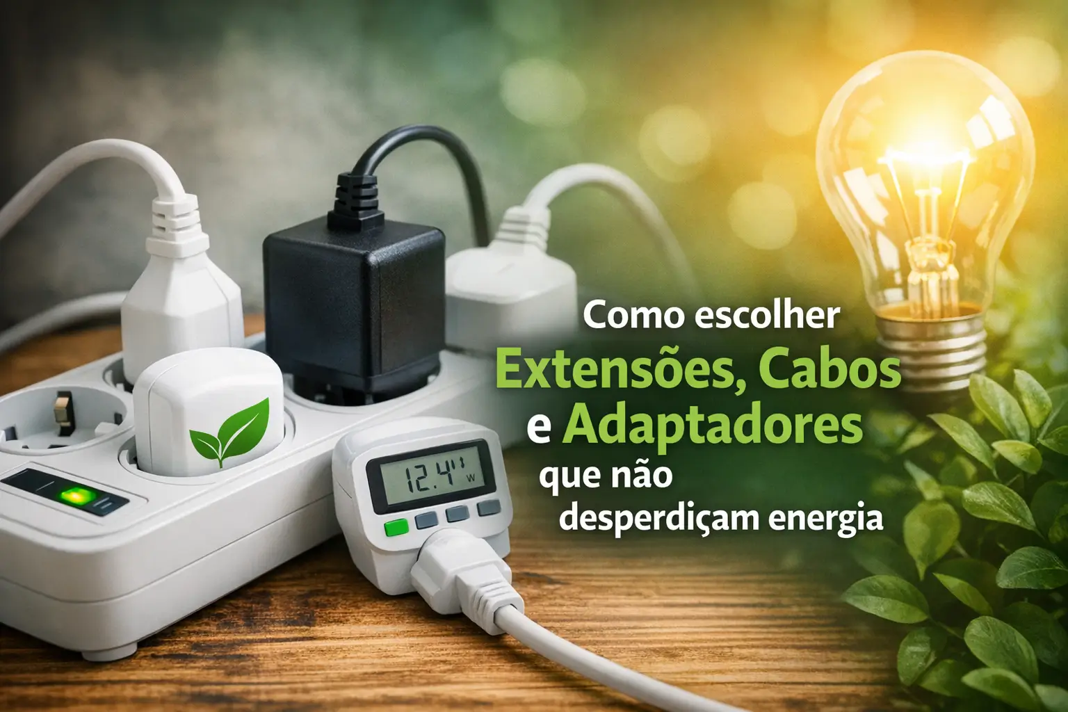 Extensão elétrica com plugues e medidor digital mostrando consumo de energia 12.41 watts